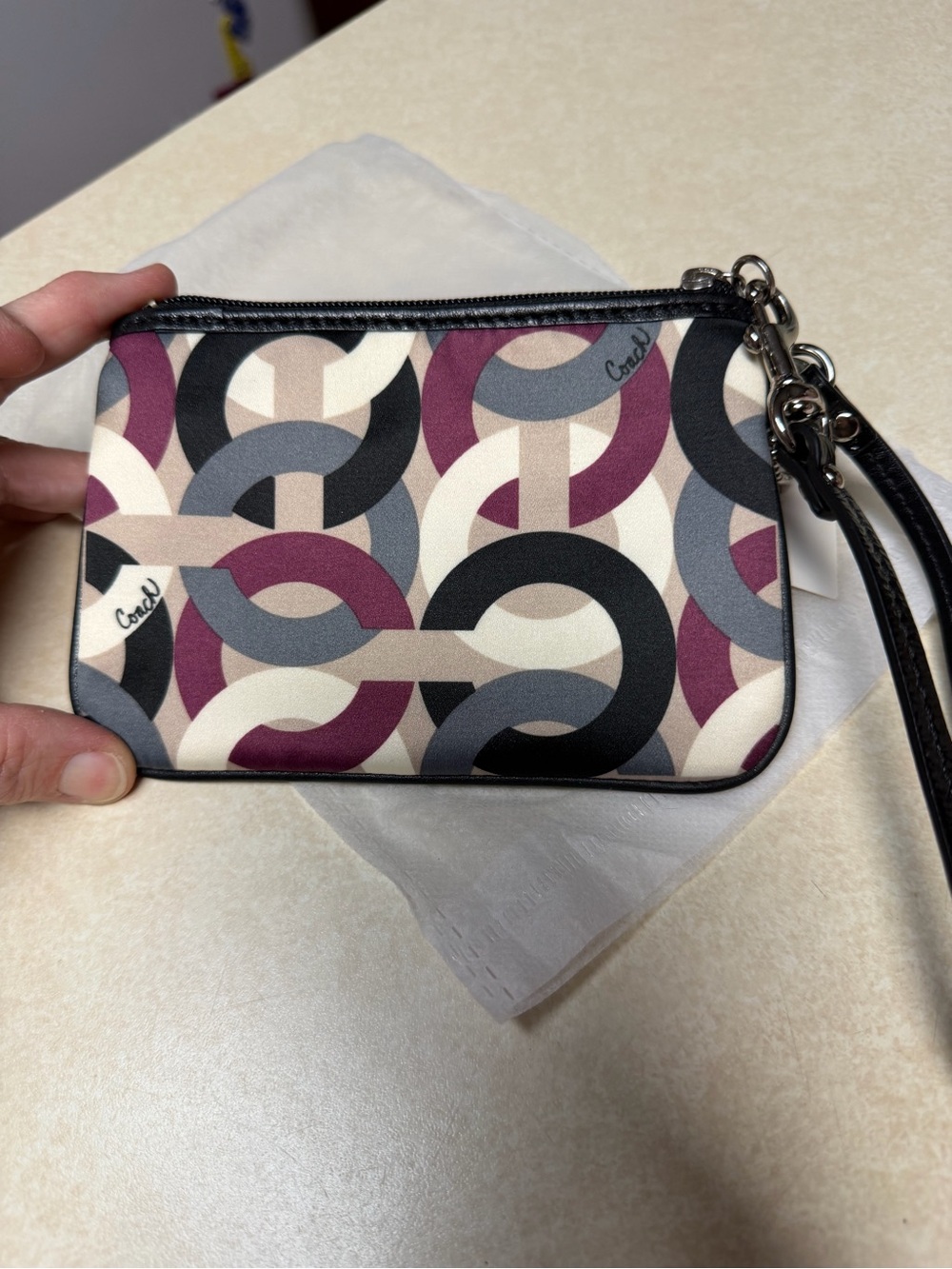 Coach Geometric Link Print Wristlet in Black, Gray, Cream & Plum
